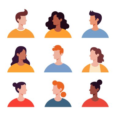 İnsan avatarı. İnsanların simgesi. Profil kullanıcı imzası, kenar portre ve başlıklar, düz resimleme