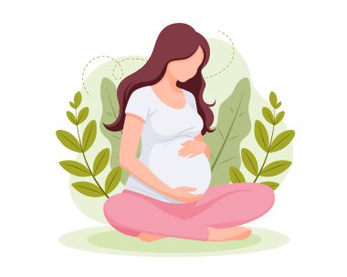 Güzel hamile kadın vektör çizimi, hamilelik ve annelik konsepti, düz stil.