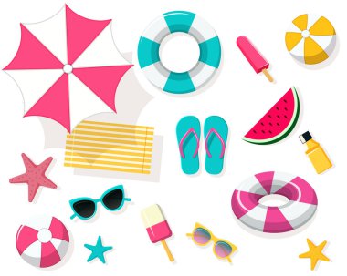 Beyazlar üzerinde izole edilmiş bir takım plaj elementleri. vektör illüstrasyonu
