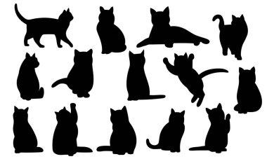 Farklı pozlarda kedi silueti. Vektör illüstrasyonu