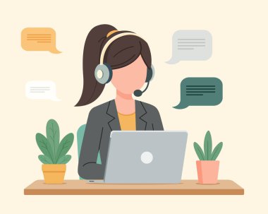 Kulaklıklı bir ofis çalışanı müşterilerle konuşuyor. Müşteri hizmetleri, çağrı merkezi, yardım hattı, müşteri destek bölümü konsepti..