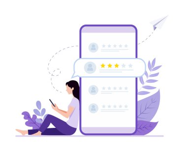 Karakterler Beş Yıldız Geri Dönüşü Veriyor. Vektör müşteri gözden geçirme kavramları.
