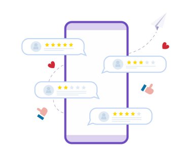 Halkın Karakterleri Geribildirim Veriyor. Vektör müşteri gözden geçirme kavramları. Yıldızları iyi ve kötü oranı ve metni ile gözden geçirir.