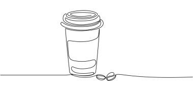 Bir fincan kahve bir çizgiyi sürekli götürür. Çizgi sanatı, beyaz arkaplanda izole.