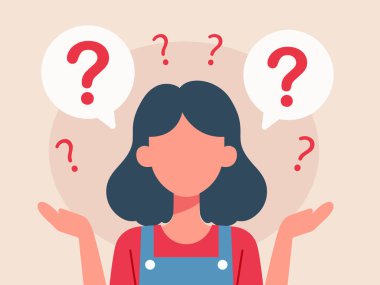 Soru soran bir kadın. Kız soru işaretleriyle çevrili. Sorgulama kavramı, sıklıkla sorulan sorular, yardım, düşünme. Başı dertte bir kadın karakter..