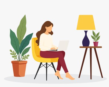 girl with a laptop in a chair, freelance or training concept
