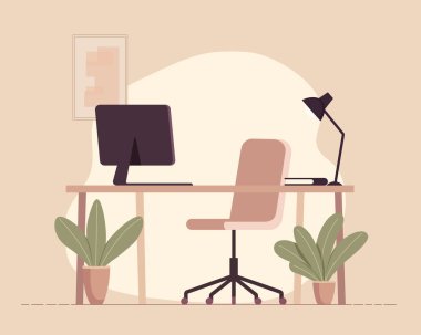 Bilgisayarlı ve sandalyeli ofis masası. iş iç tasarımının bileşenleri.