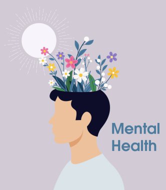 Akıl sağlığı farkındalığı konsepti. İçinde çiçekler olan bir erkek. Farkındalık, pozitif düşünce, kişisel bakım fikri