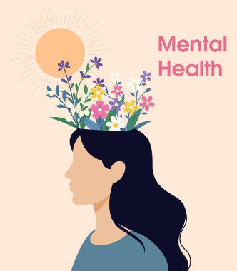 Akıl sağlığı farkındalığı konsepti. İçinde çiçekler olan bir kadın kafası. Farkındalık, pozitif düşünce, kişisel bakım fikri