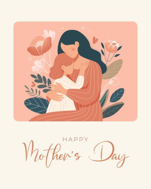 Anneler Günü kartı. Kadın kızına sarılıyor. Nesil ve aile. Annem ve bir kız. Vektör. 12 Mayıs. Düz stil karakterler. Sarıl ve destek ol. Aileye ve aşka önem vermek