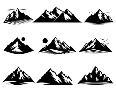 : Set of black mountain peak silhouettes and outdoor adventure icons isolated on white.