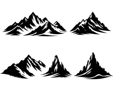 : Set of black mountain peak silhouettes and outdoor adventure icons isolated on white.