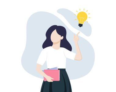 Bayan öğrenci ampulü işaret ediyor, elinde kitaplar, yeni fikirler kavramı.