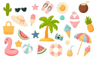 Beyazlar üzerinde izole edilmiş bir takım plaj elementleri. vektör illüstrasyonu