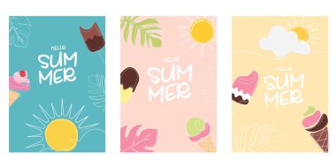 Merhaba yaz klibi poster seti. Renkli arkaplan çiziminde güneş ve tropikal elementlerle yaz tebrik kartı klipsleme sanatı
