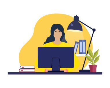 Bilgisayarda çalışan genç bir kadın, ev konsepti düz çizim üzerinde çalışıyor.