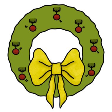 Sarı fiyonklu Noel çelengi ve kırmızı kiraz karikatür çizimi.