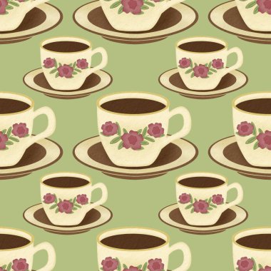 Yeşil arka plan desenli kahve fincanı baskı, kesim, üst veya ev dekorasyonu ve daha fazlası için kusursuz..