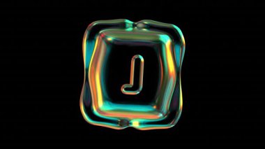 J harfi yanardöner renkleri yansıtır, siyah arkaplanda parıldar, soyut biçim yaratır.