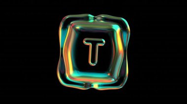 Siyah zemin üzerinde soyut sıvı formunda parıldayan yanardöner harf T.