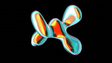 Parlak akışkan metalik form, siyah arkaplan üzerinde canlı gradyanları yansıtıyor.