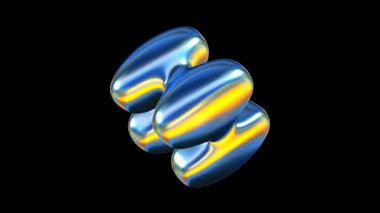 Metalik soyut kapsüller kümeleniyor, siyah üzerine parlak mavi ışığı yansıtıyor..