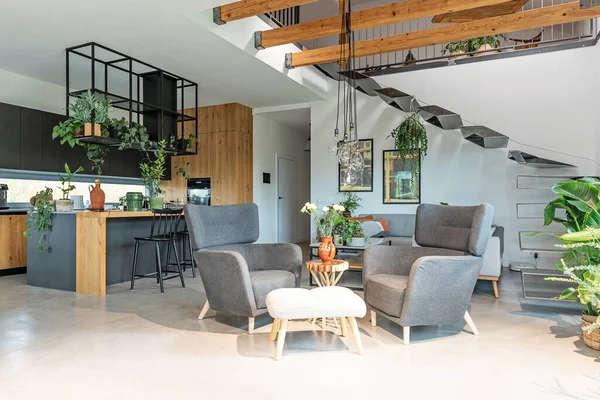 Elektronik merdiveni olan bir ev. Rahat bir evde rahat bir oturma odası ve modern bir mutfak. Kapalı alan mimarisi.