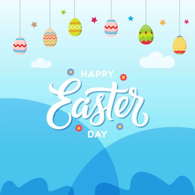 Asılı Süslü Mutlu Paskalya Günü Kutlaması Kartı Mavi Arkaplanda Renkli Yumurtalar ve Yıldızlar