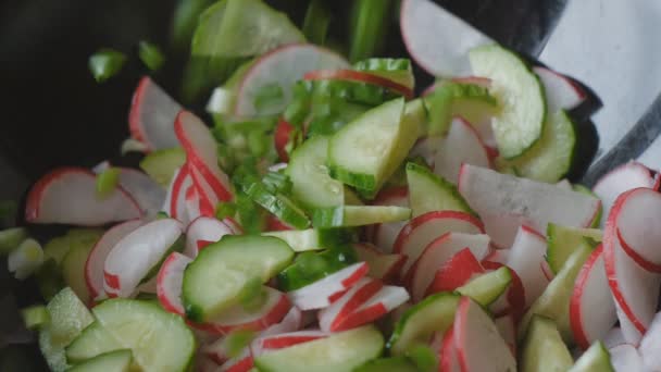 Trozos de cebolla verde caen en ensaladera llena de redish y pepino — Vídeos de Stock