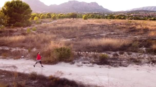 Jeune femme jogging au coucher du soleil. — Video
