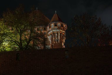 Polonya 'daki Malbork Kalesi kırmızı tuğlalı gotik bir kule ve karanlık bir duvar gösteriyor, kuleler aydınlanıyor, tuğlalar ve kiremitli çatılar tanımlanıyor, ağaçlar yeşil ışığa yakalanıyor.