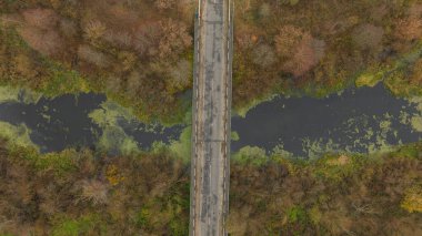 Kırık asfalt ve beyaz çizgileri olan dar bir yol köprüsünün Belarus 'ta dolambaçlı karanlık bir nehri geçen havadan görüntüsü. Bataklık, yapraksız ağaçlar ve aşağı doğru sürüklenen yeşil algler..