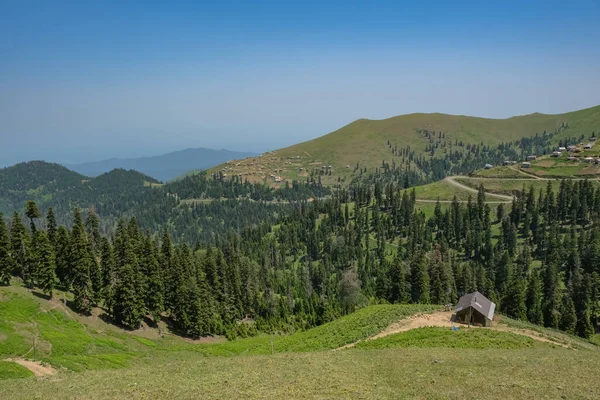 Gürcistan, Batumi yakınlarındaki Adjara dağlık arazilerindeki Rolling Hills ve Spruce ormanları. Teneke çatı kulübesi, ahşap kulübeler ve temiz bir gökyüzünün altındaki uzak bir yerleşim yerine giden toprak bir yol..