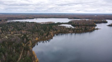 Dretunsky 'nin Belarus' taki orman yarımadaları ve adaları, sonbahar huş ağaçları, kozalaklı ağaçlar, kumlu yollar ve sakin bir göl üzerindeki yalnız bir tekne eğitim sahası..