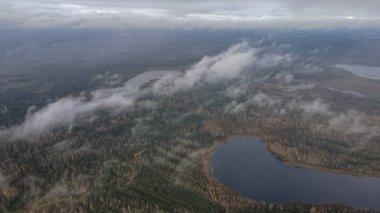 Belarus 'taki koyu mavi göller, sulak alanlar, kozalaklı ağaçlar ve huş ağaçları alçak bulutlar ve sisli sürüklenen, bulutlu ışık ve Vitebsk bölgesinde sonbahar tonlarıyla.