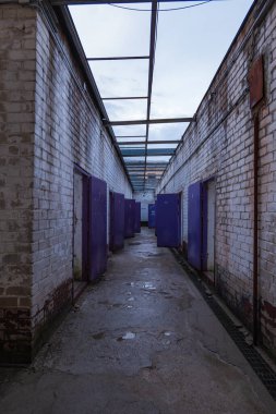 Yıpranmış beyaz tuğla duvarlar Litvanya 'nın Vilnius kentindeki Lukiskes Cezaevi' nin ağır mor hücre kapılarıyla dolu uzun bir koridor hizasında. Serin ışık bozunmayı ve simetriyi ortaya çıkarır..