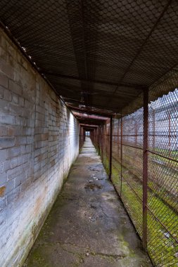 Litvanya, Vilnius 'taki Lukiskes Cezaevi' nde bir zincir bağlantı koridoru, çatlak, nemli beton, lekeli tuğla, paslı kemerler, yosun ve bulutlu ışık ile önümüzde uzanıyor..