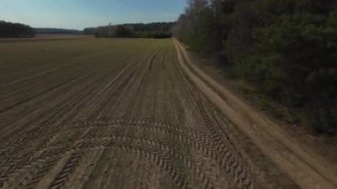 İnsansız hava aracı görüntüleri, yoğun kozalaklı ormanlarla çevrili ekili tarlaları kesen toprak bir yol gösteriyor. Bu perspektif, açık tarım arazisi ile ormanlık alanlar arasındaki zıtlığı yakalar....