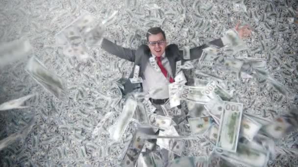 Glad affärsman i ligger i bakgrunden av sedlar ovanifrån — Stockvideo
