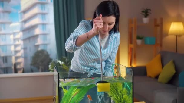 A közeli fiatal nő szivaccsal tisztítja az akváriumot — Stock videók
