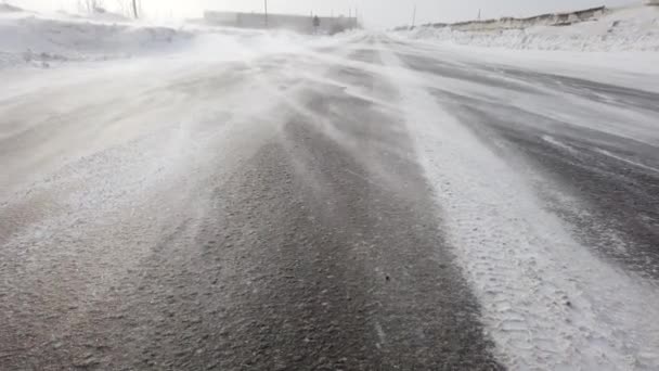 Viento Soplando Nieve Sobre Carretera Deriva Nieve Cerca Ventisca Invierno — Vídeos de Stock