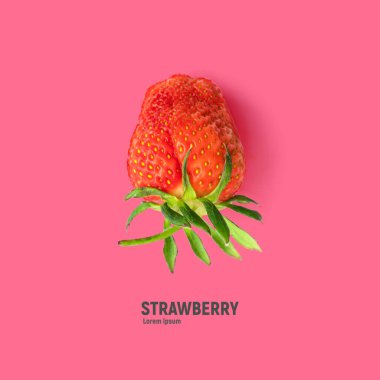 Pembe arka planda olgun çilekler, yaz meyveleri, üst manzara.