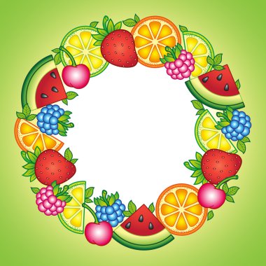 Meyveler yuvarlak çerçeve vektör. Vektör öğeleri. Karpuz, kiraz, ahududu, yaban mersini, çilek, portakal, limon ve kireç