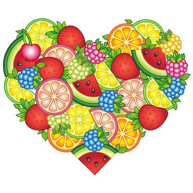 Kalp şeklinde. Tropikal meyve ve böğürtlenlerle dolu bir yaz. Karpuz, kiraz, ahududu, yabanmersini, çilek, portakal, limon ve limon.