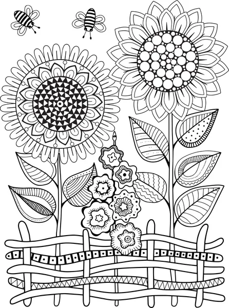 Vector doodle girassóis. Livro para colorir para adultos. Flores de verão. Cama de flores — Vetor de Stock