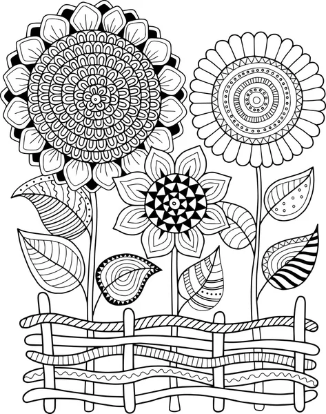 Tournesols vecteurs à doodle. Livre à colorier pour adulte. Fleurs d'été. Parterre de fleurs — Image vectorielle