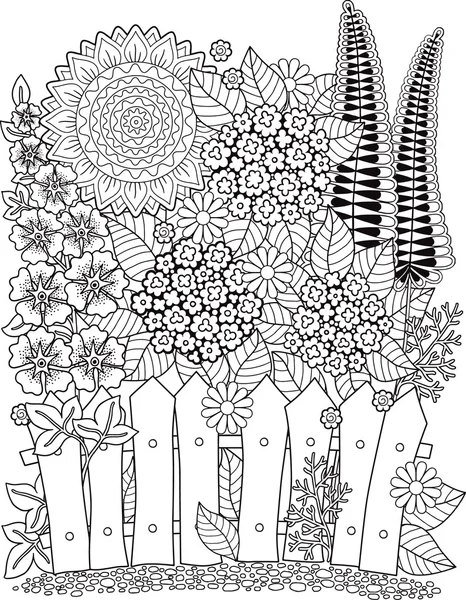 Vector doodle sunflowers. Coloring book for adult. Summer flowers. Flowerbed — Stock Vector