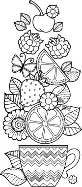 İyi bir gün için bir fincan bitki çayı. Yetişkinler için boyama kitabı. Kadehler ve çiçekler