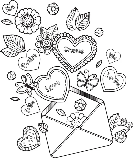 Libro para colorear para adultos. Con carta de amor. Te quiero. Te quiero. Día de San Valentín — Vector de stock