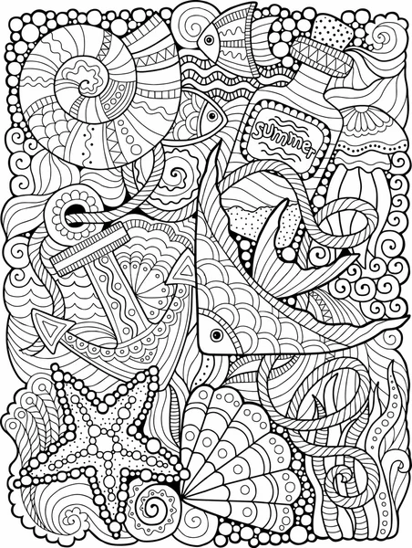 Livre de coloriage vectoriel. Livre à colorier pour adulte. Mer d'été — Image vectorielle